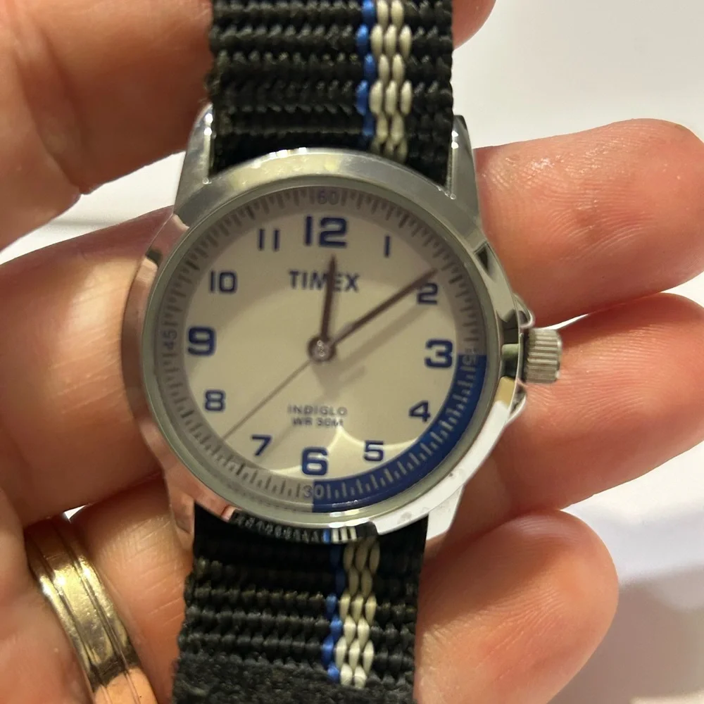 Timex Silver Watch with Black and Blue Strap